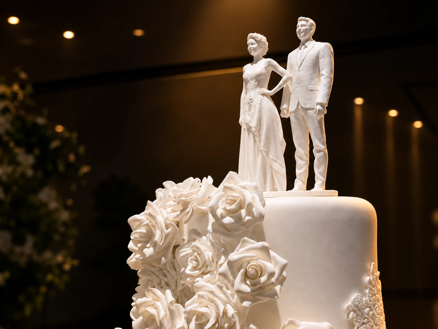 Wedding cake topped with 3D-produced bride and groom figures