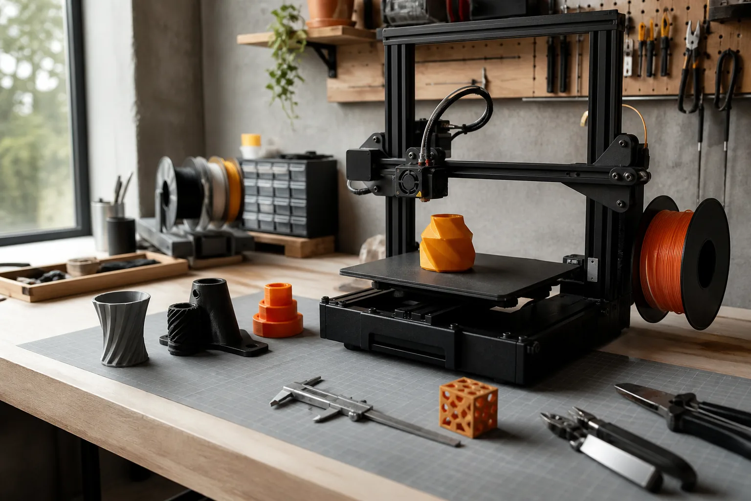 Desktop 3D printer producing a prototype in a small workshop