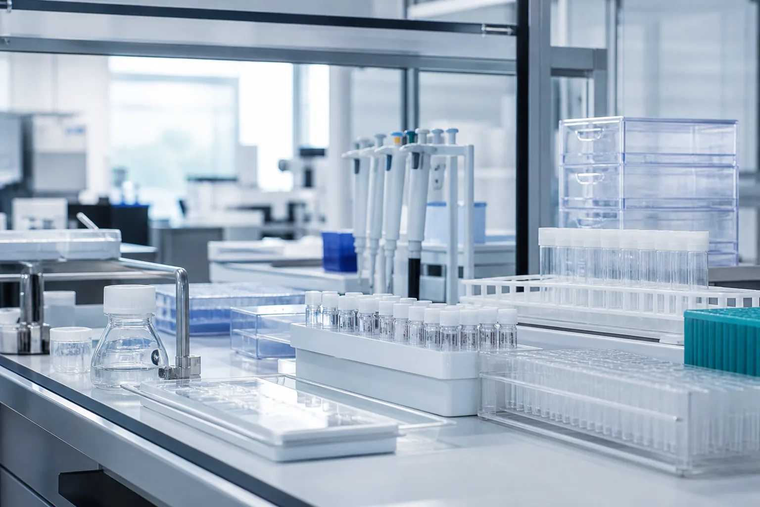 Organized diagnostic laboratory bench with sample racks and pipettes