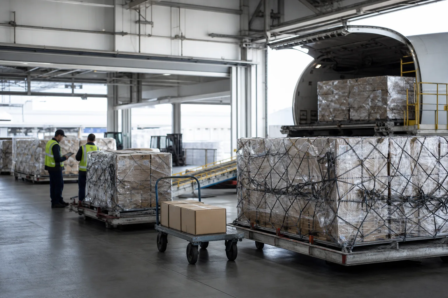 Wrapped air-freight pallets inside an airport cargo warehouse
